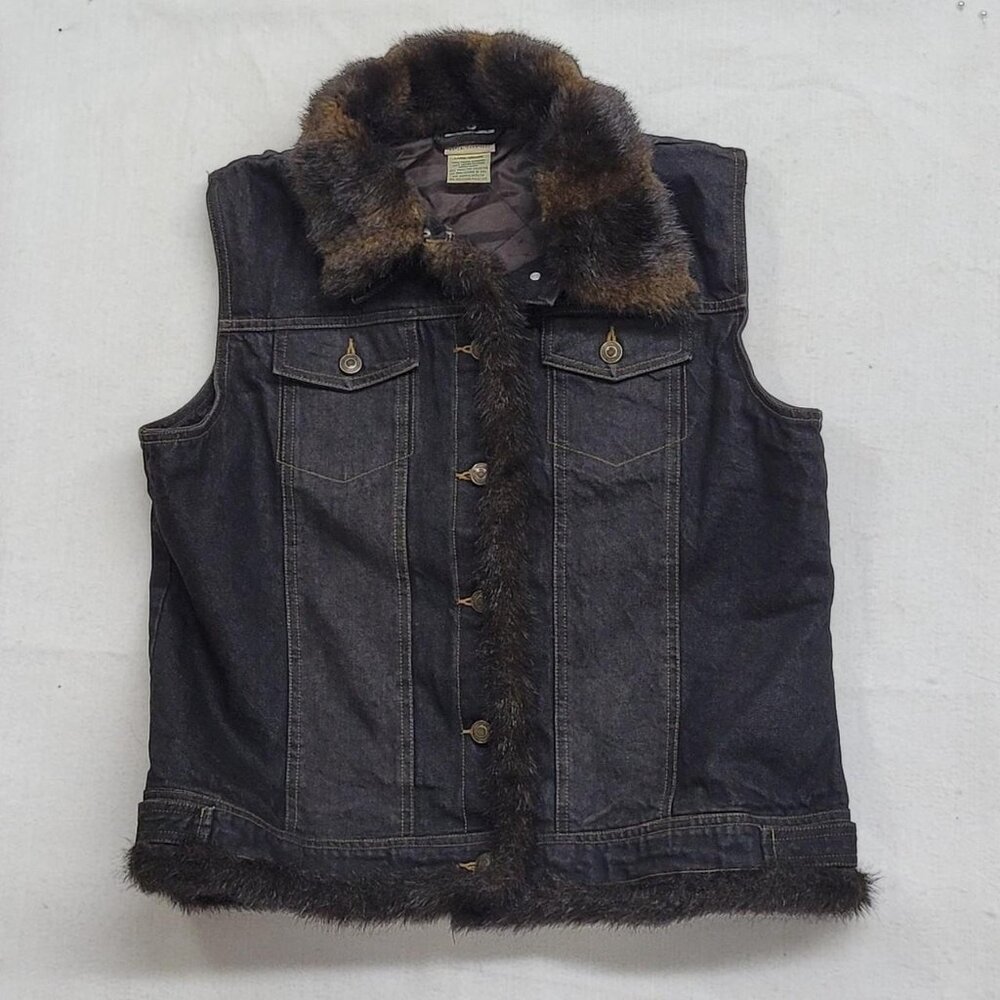 St. John’s Bay Women’s Large Quilted Denim Vest Faux Fur Trim Removable Collar